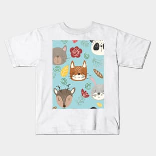 Woodland animals kids pattern blue background Kids T-Shirt